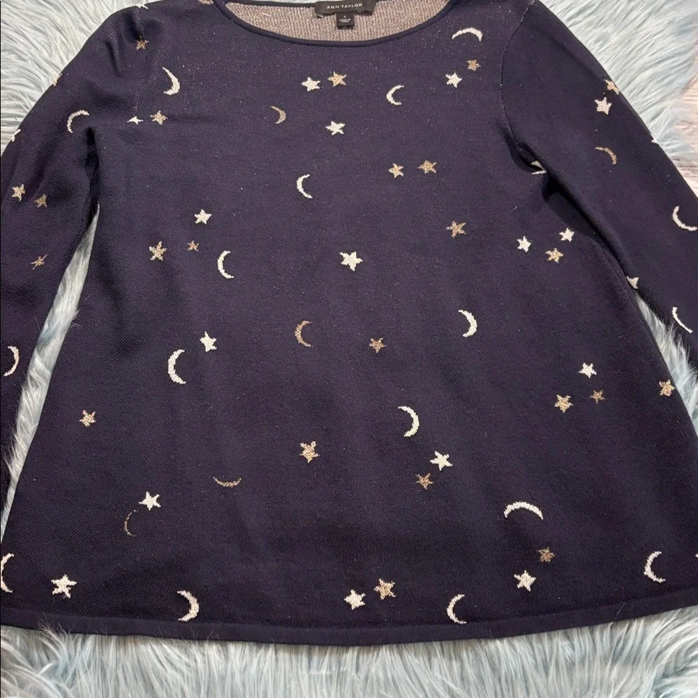 Ann Taylor Moon Star Celestial Knit Navy Top sz S